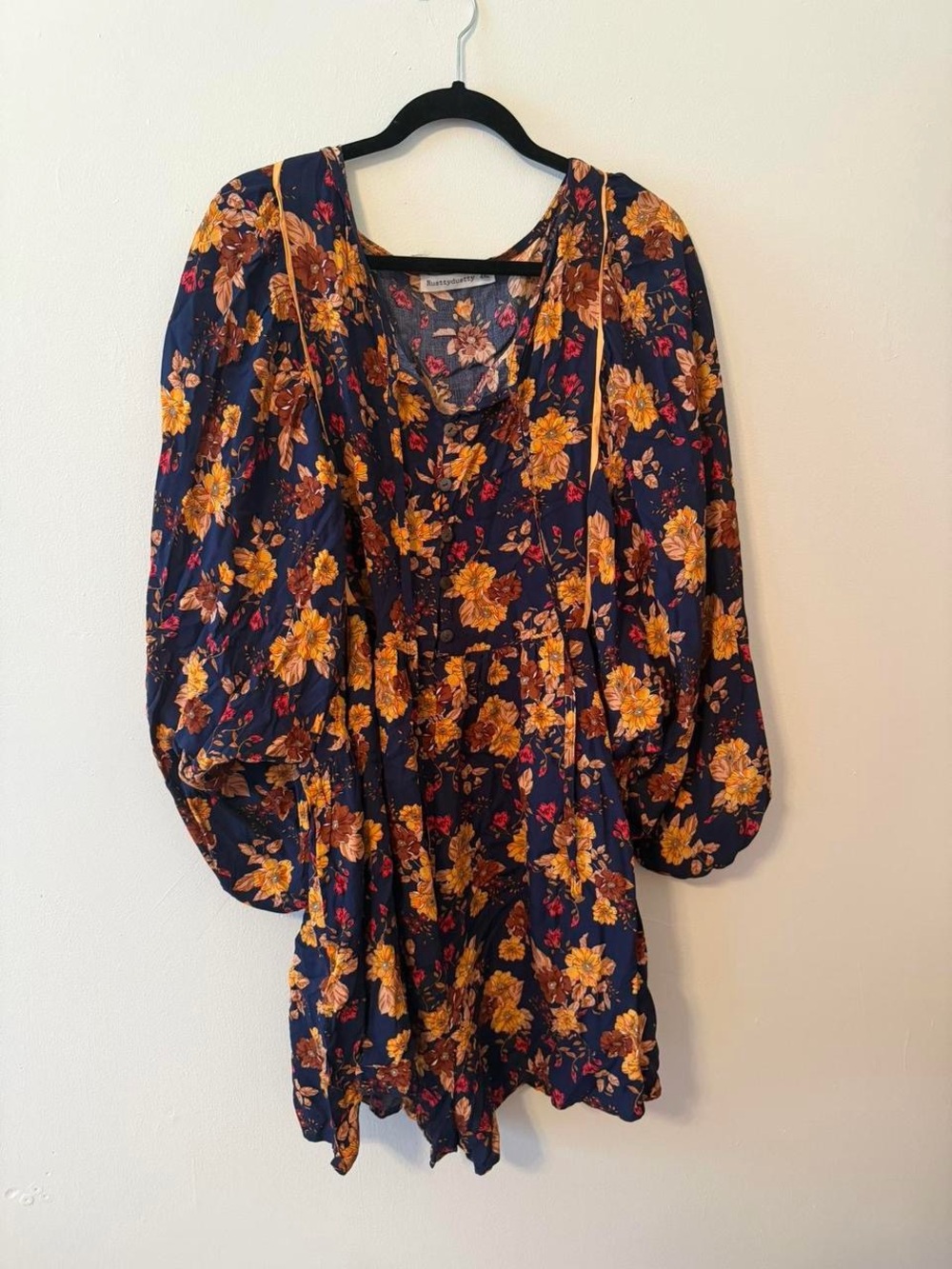 Navy Floral Puff-Sleeve Romper with Mustard Blooms